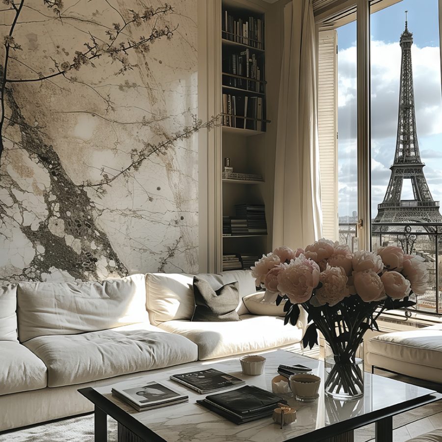 a photo of the most amazing modern luxury apartment in Paris, minimalist style, coffee table books, fashion, large modern artwork, view of the Eiffel tower, black and white aesthetic, pink peonies, fashion magazines, modern luxury decor, large lounge sofa, make the table white marble --stylize 250 --v 6 Job ID: 181d1922-2494-4399-8989-beae750d0630